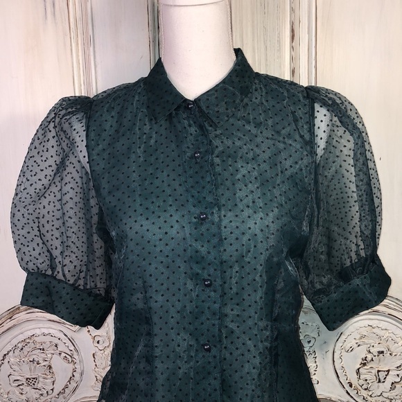 Haute Monde  Sheer Dotted Swiss Puffed Sleeve Button Down Blouse Size Small - Picture 4 of 11